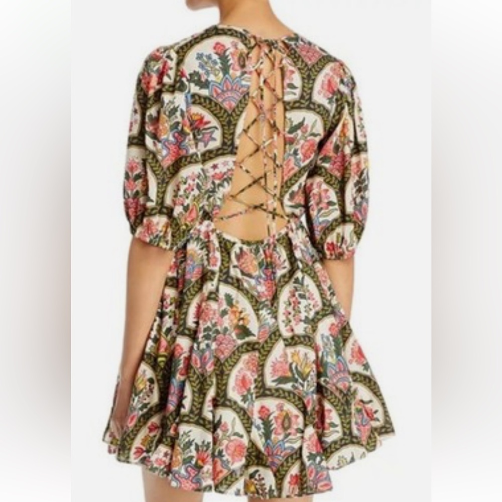 Christian Lacroix Pink, Green and Blue Floral Lace-Up Back Mini Dress